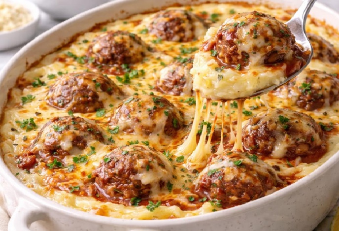 Almôndegas gratinadas com Purê Cremoso