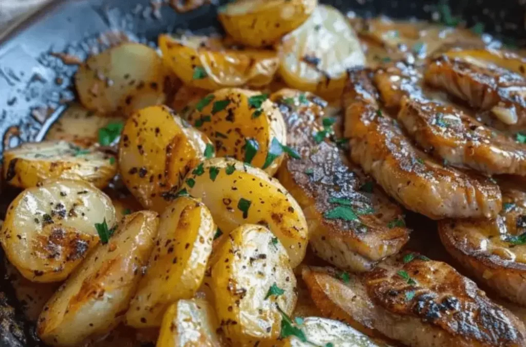 Batatas na frigideira e bifes com manteiga de alho