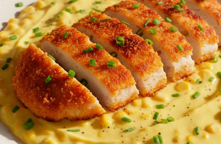 Creme de Milho com frango à milanesa