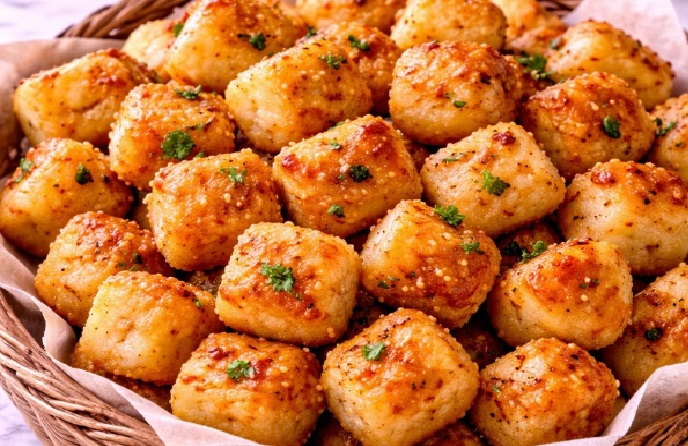 Cubinhos de Mandioca crocantes com Alho e Parmesão