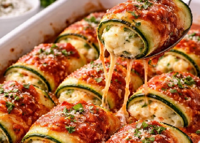 Enroladinho de Abobrinha recheado com Queijo ao Molho de Tomate