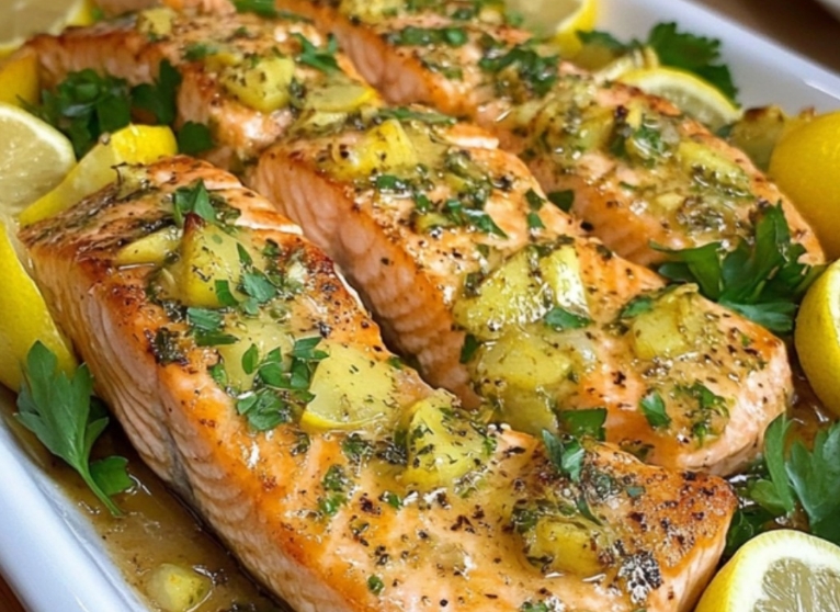 Filé de Salmão assado com Alho, Limão, Mel e Mostarda