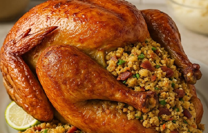 Frango assado recheado com Farofa crocante