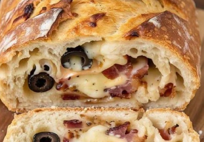 Pão recheado com Queijo, Bacon e Azeitonas