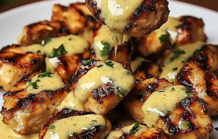 Pedaços de Frango Grelhado com Molho cremoso de Alho