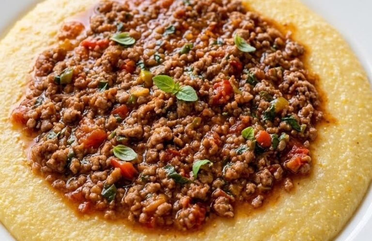 Polenta Cremosa com Carne Moída ao Molho de Tomate